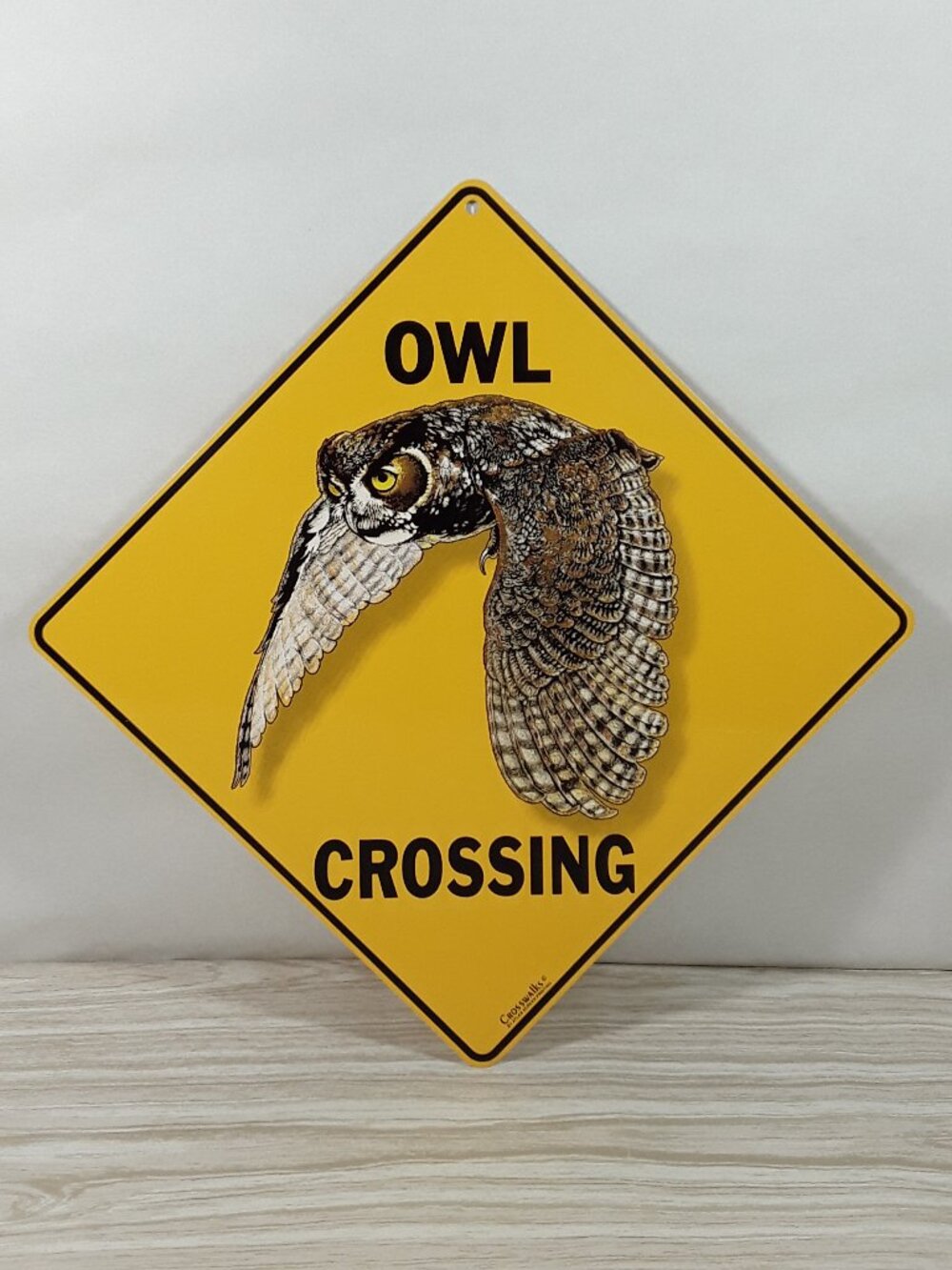 12"x 12" Great Horned Owl Crossing Sign, Metal Plaque, Crosswalks flying yellow